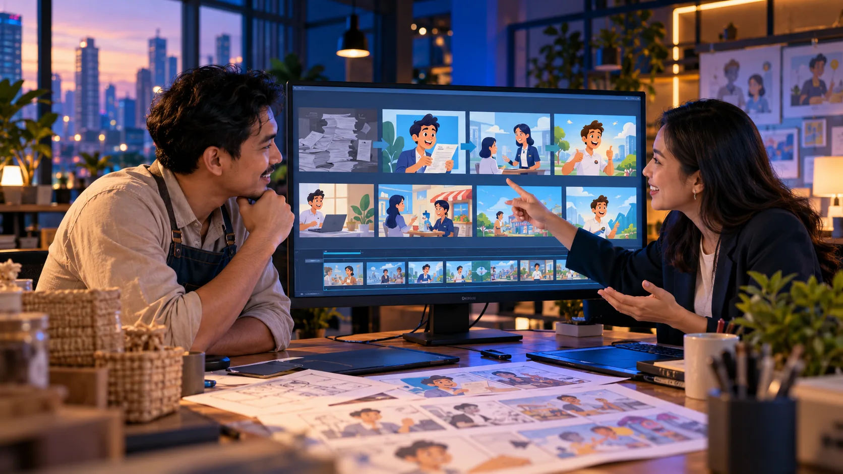 Business owner discussing an animation storyboard with a creative team