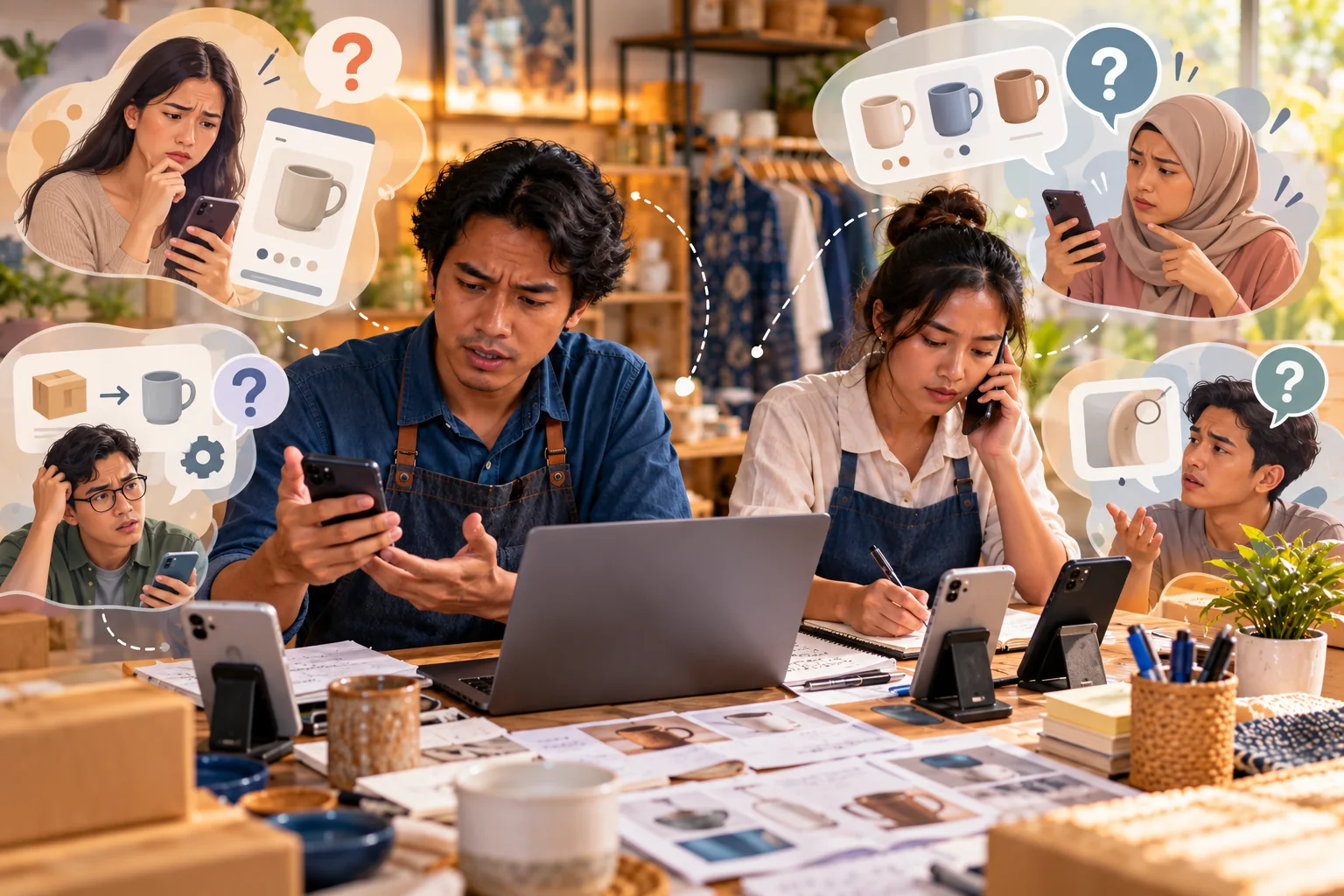 Business owner and staff handling repeated customer questions